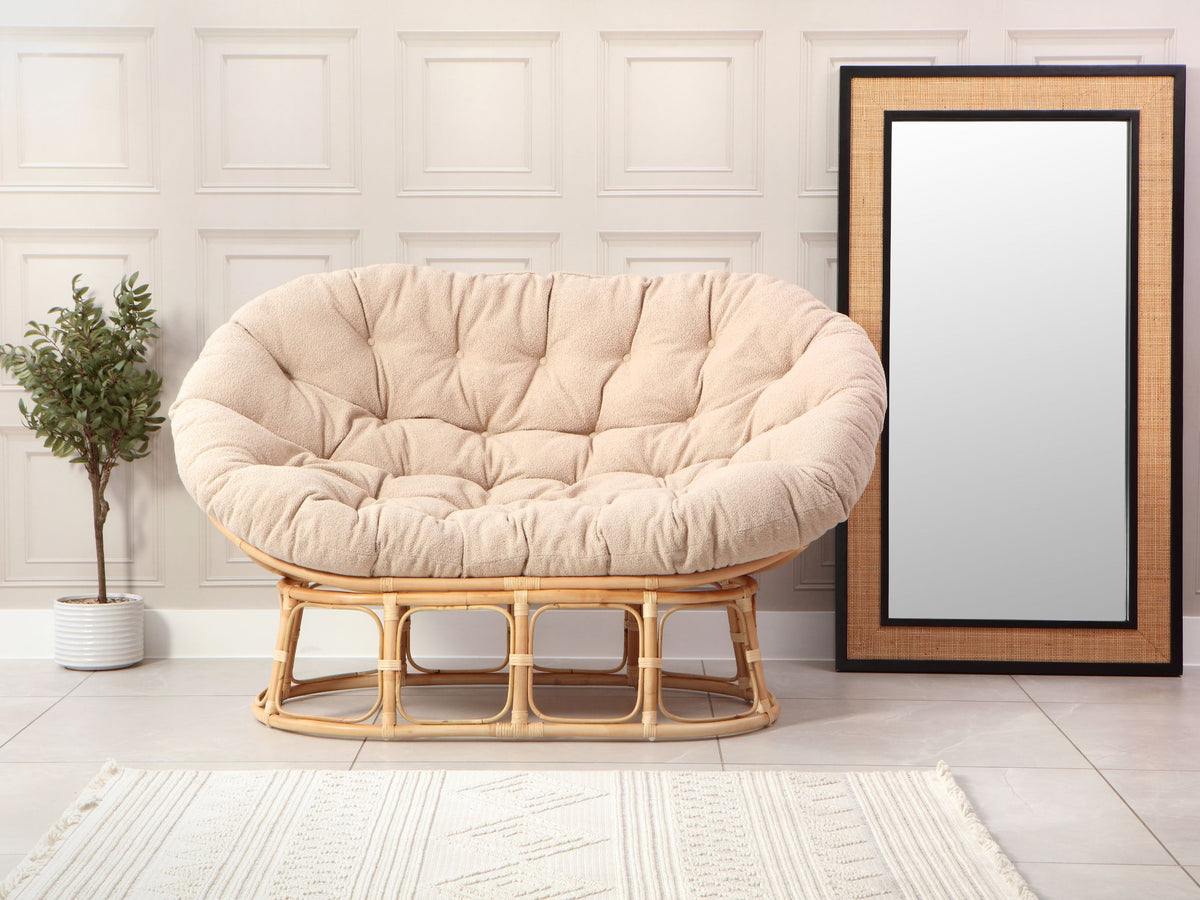 Natural Rattan Papasan Sofa with Latte Boucle Cushion