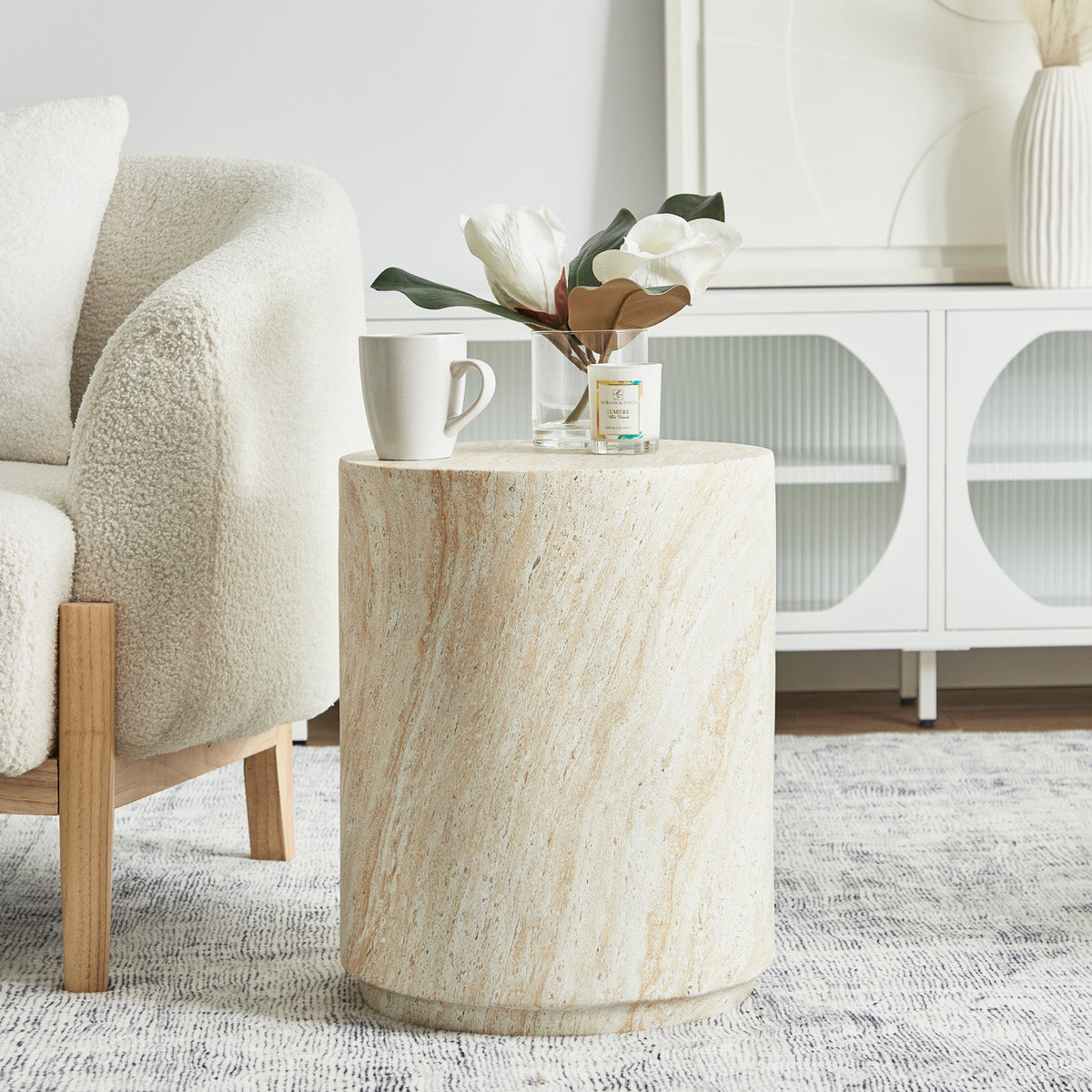 Pisa Tall Travertine look Side Table - Indoor & Outdoor Table