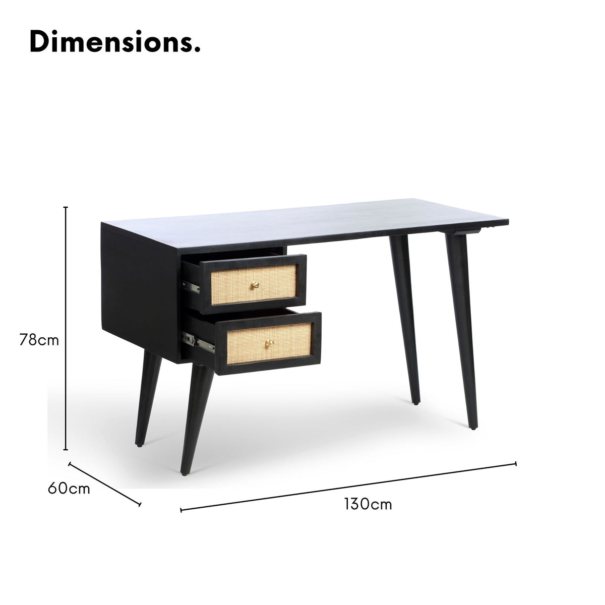 Venice 2 Drawer Cane and Wood Dressing Table Desk Black