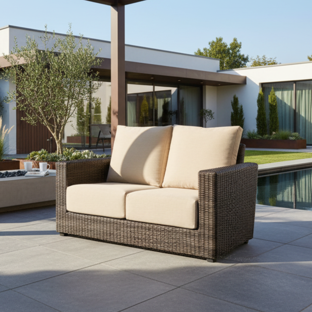 Ascot Rattan Outdoor 2-seater Sofa with Beige Cushion