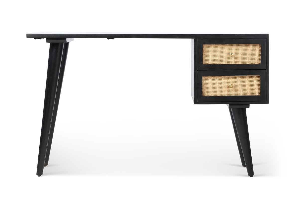 Venice 2 Drawer Cane and Wood Dressing Table Desk Black