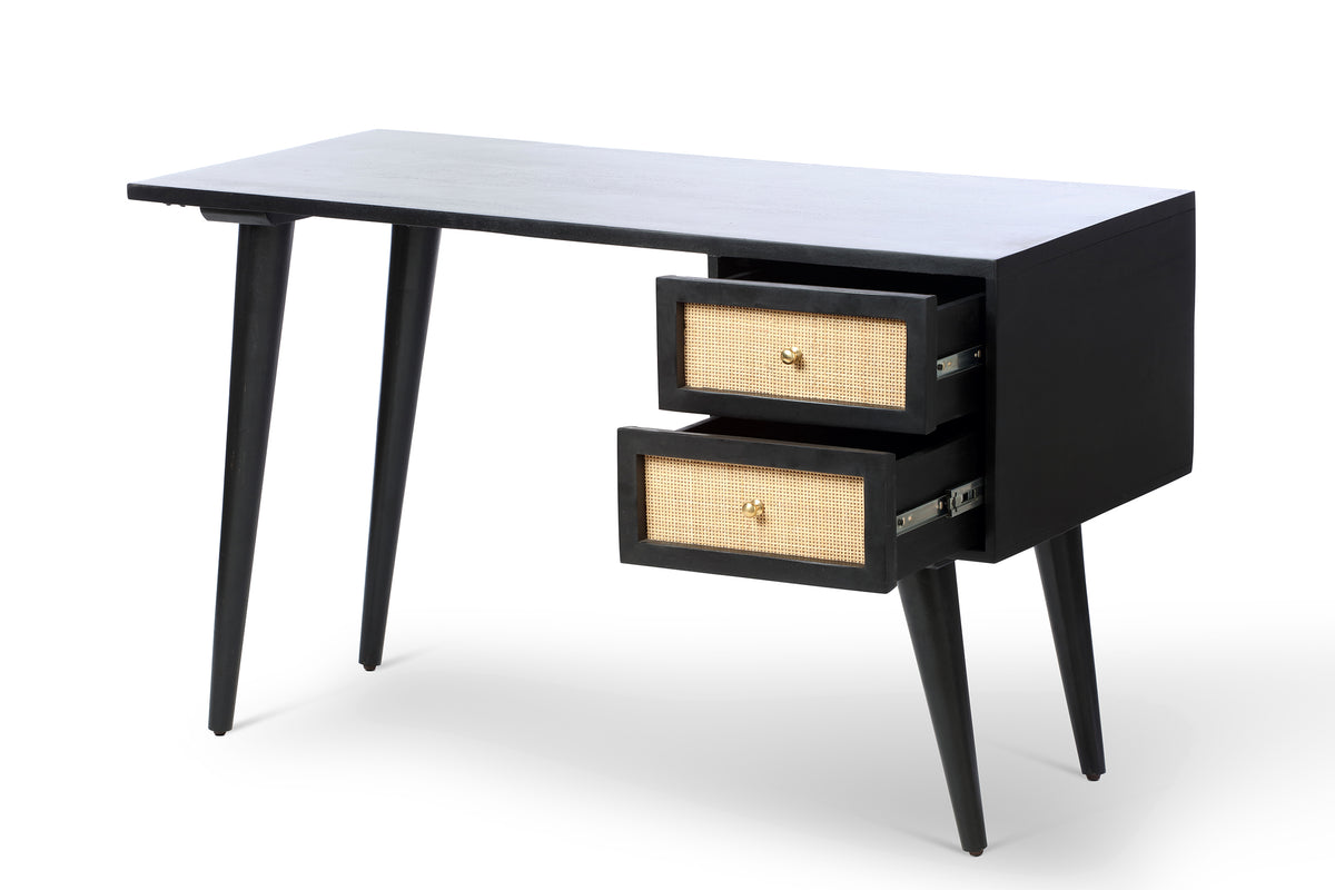 Venice 2 Drawer Cane and Wood Dressing Table Desk Black