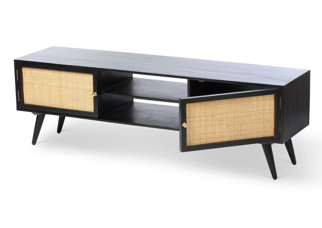 Manhattan Wide Rattan & Wood TV Stand with Storage in Black
