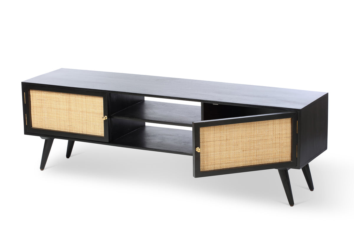 Manhattan Wide Rattan & Wood TV Stand with Storage in Black