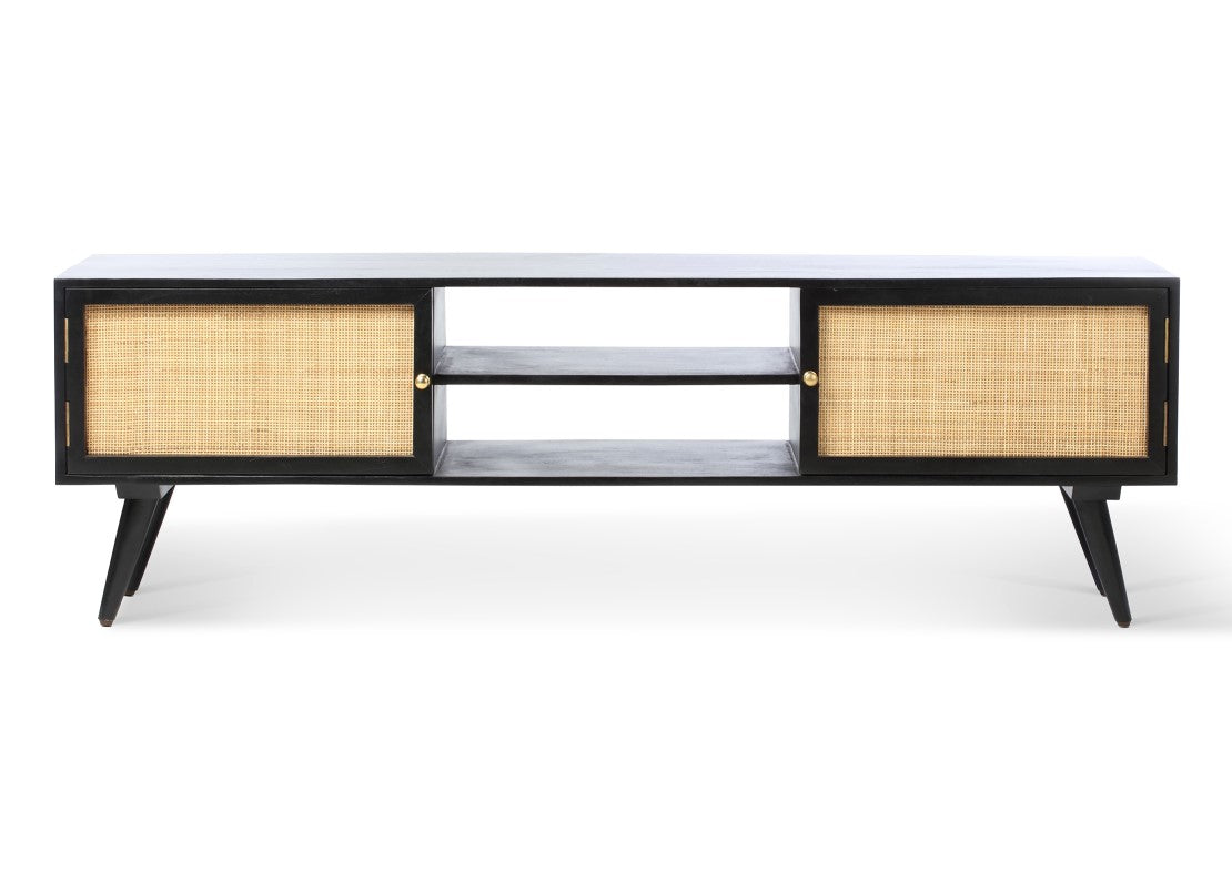Manhattan Wide Rattan & Wood TV Stand with Storage in Black