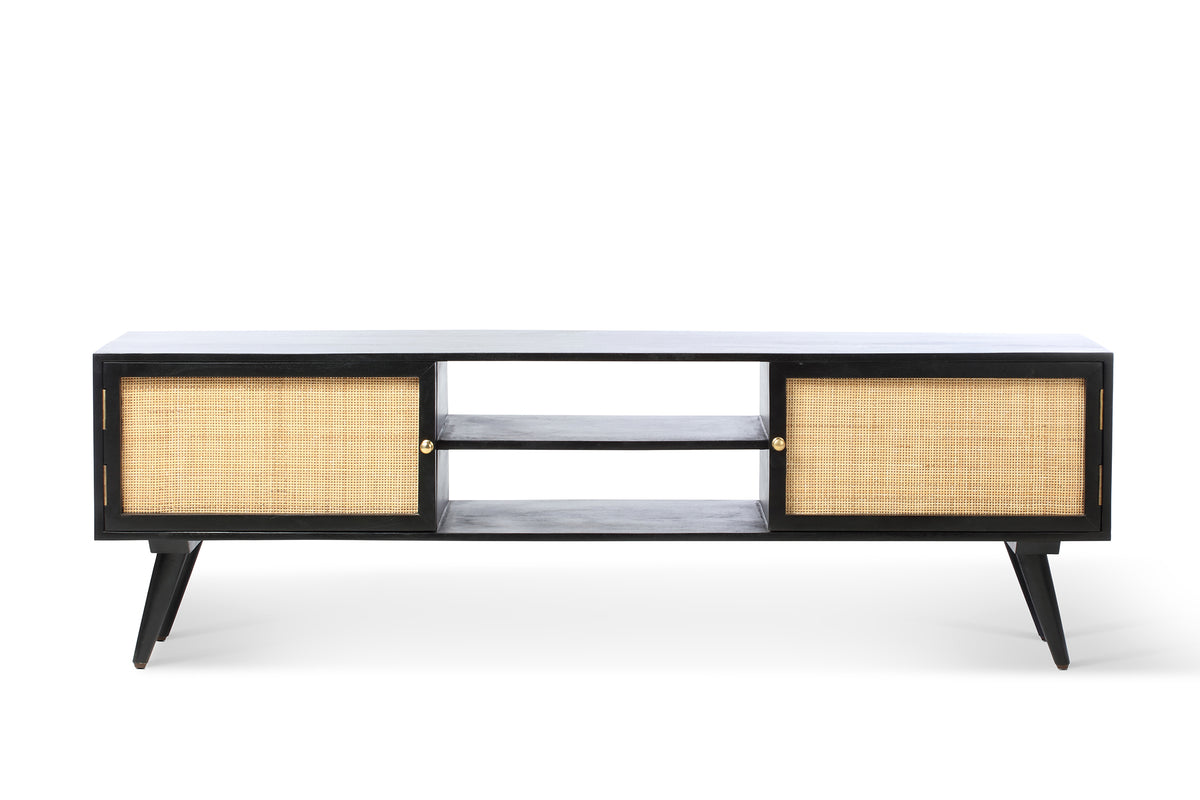 Manhattan Wide Rattan & Wood TV Stand with Storage in Black