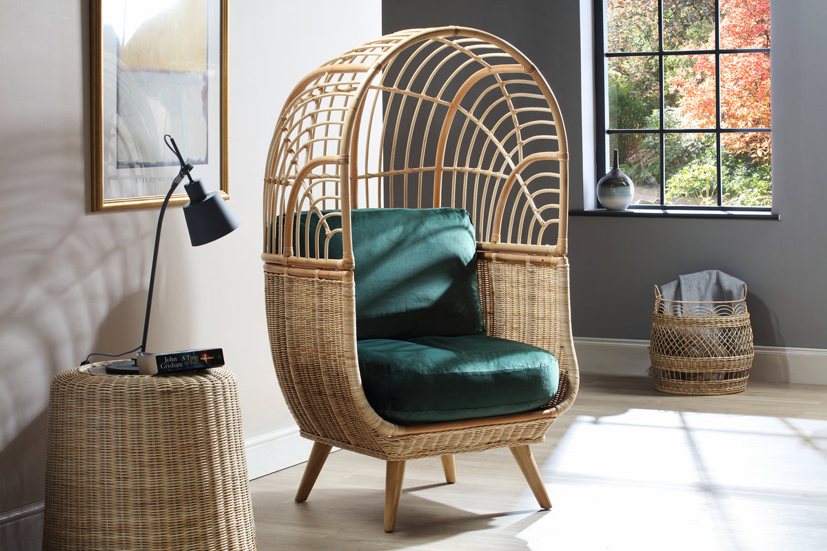 Natural Rattan Cocoon Chair in Velvet Green Cushion