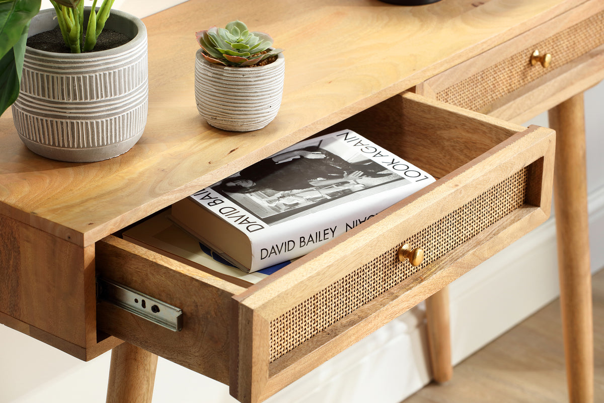 Manhattan 2 Drawer Cane & Wood Console Table in Natural