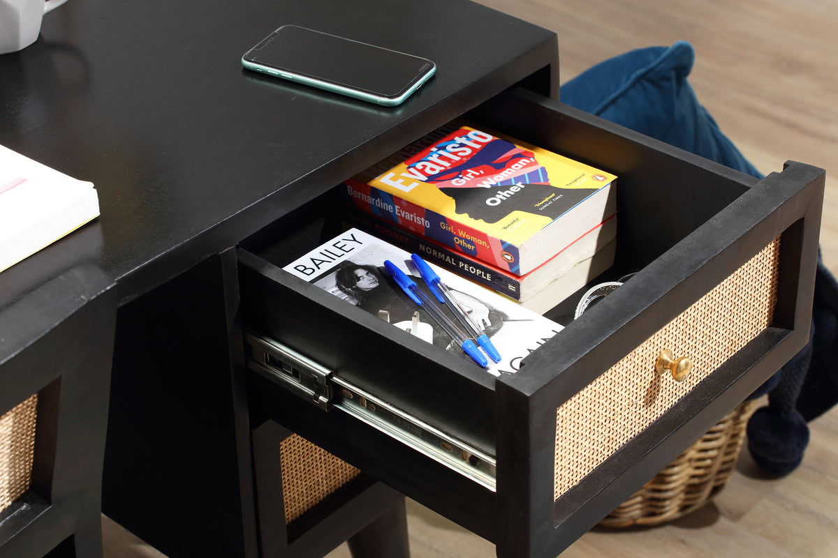 Venice 2 Drawer Cane and Wood Dressing Table Desk Black