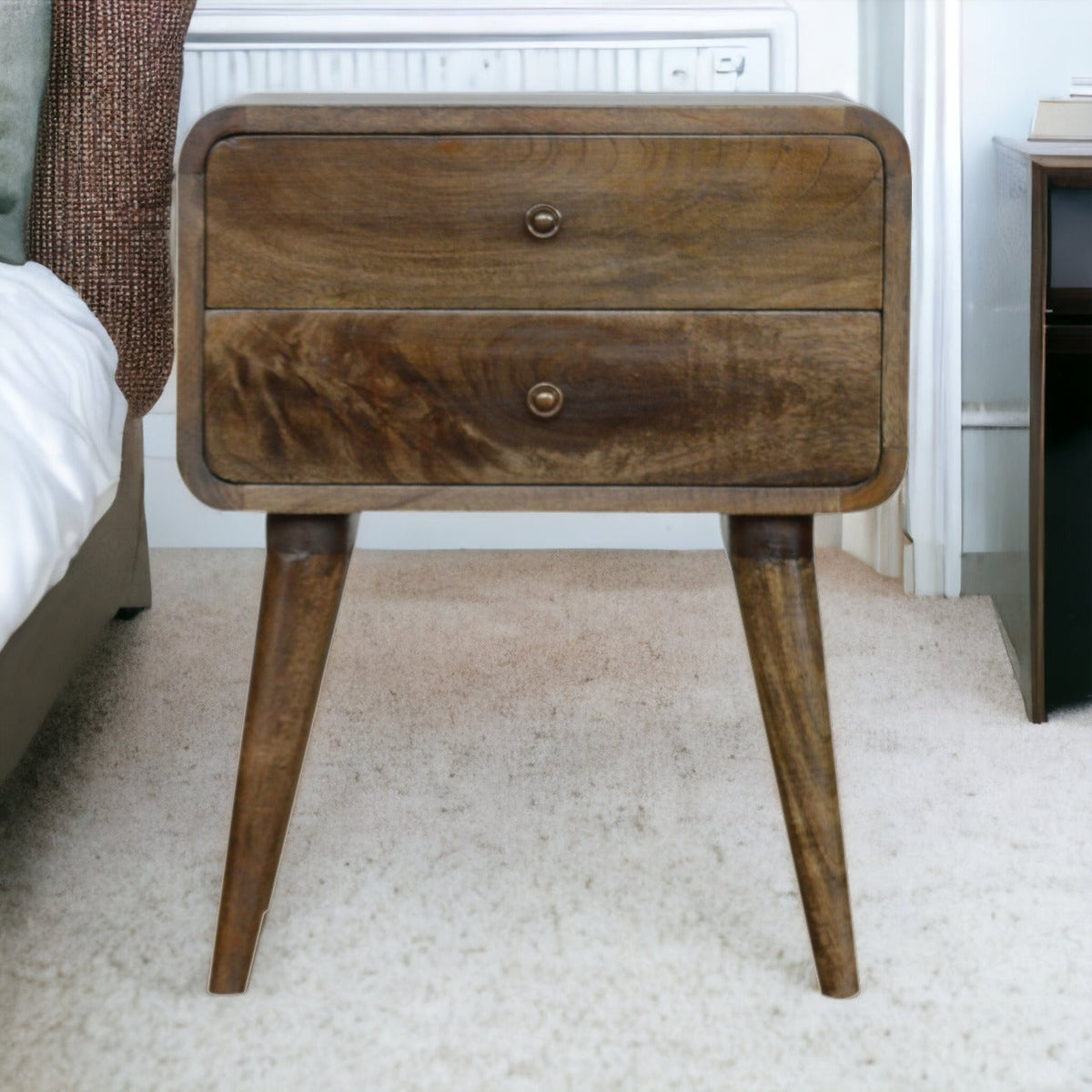 Curved Classic Grey Washed Mango Wood Bedside Table