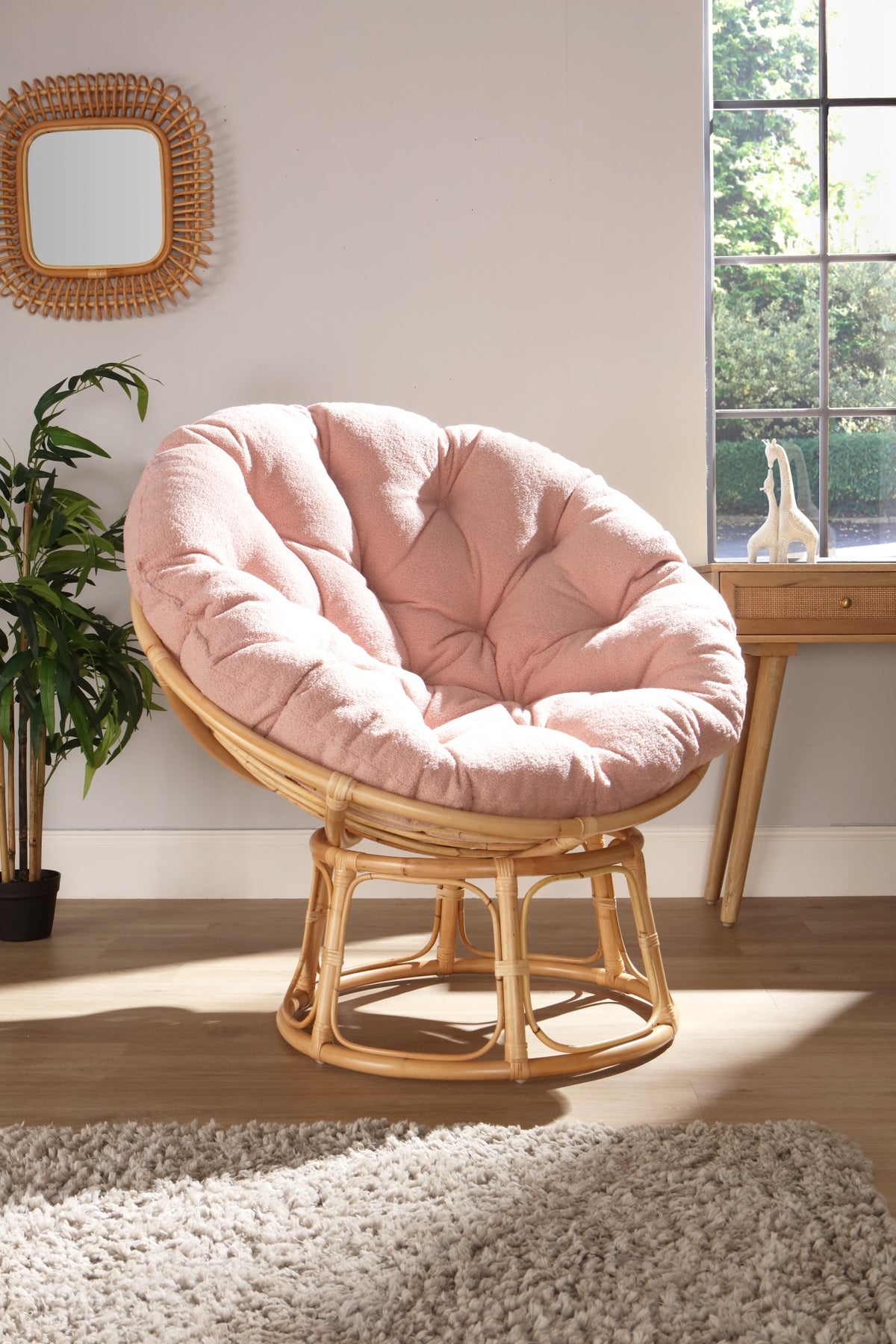 Natural Rattan Papasan Chair - Boucle Pink Powder