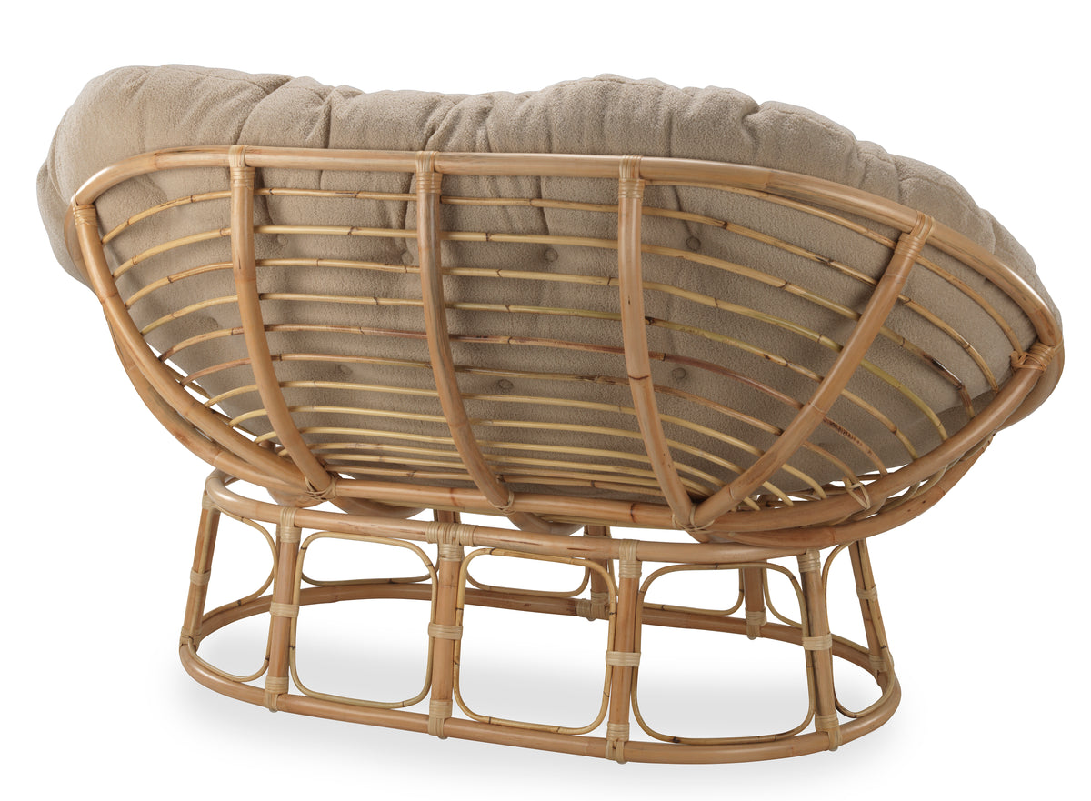 Natural Rattan Papasan Sofa with Latte Boucle Cushion