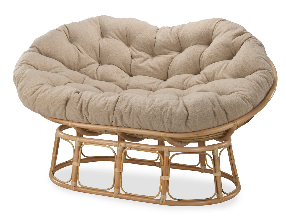 Natural Rattan Papasan Sofa with Latte Boucle Cushion