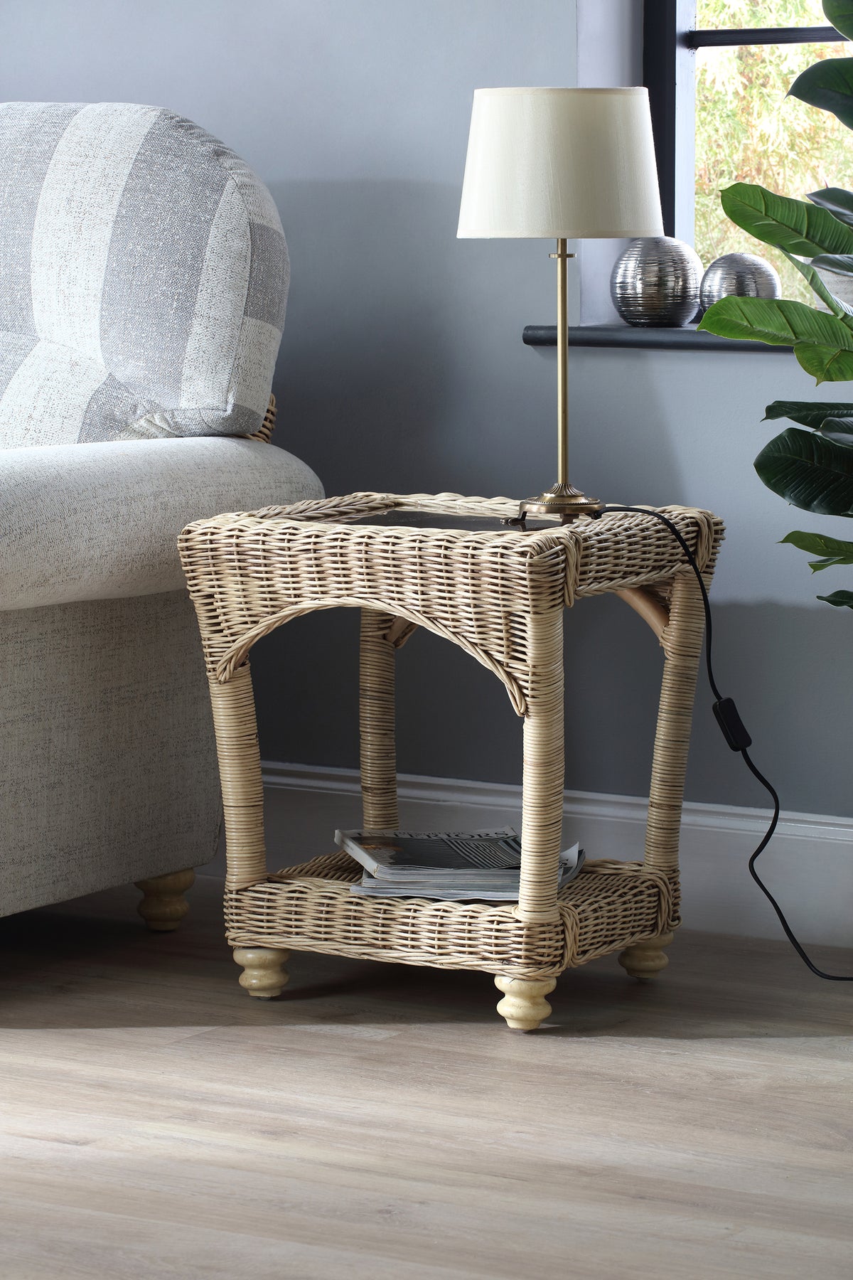 Samford Rustic Modern Wicker & Glass Lamp Table