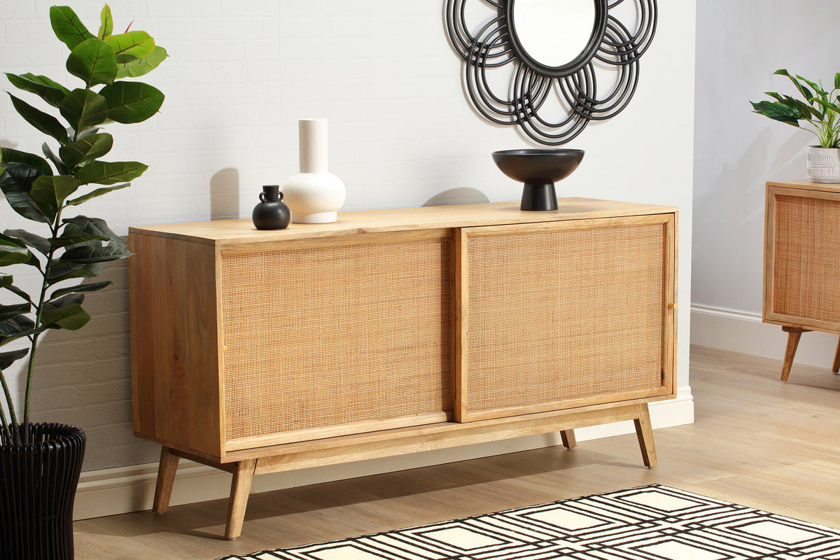 Manhattan Sliding 2 Door Sideboard Rattan Cabinet in Natural