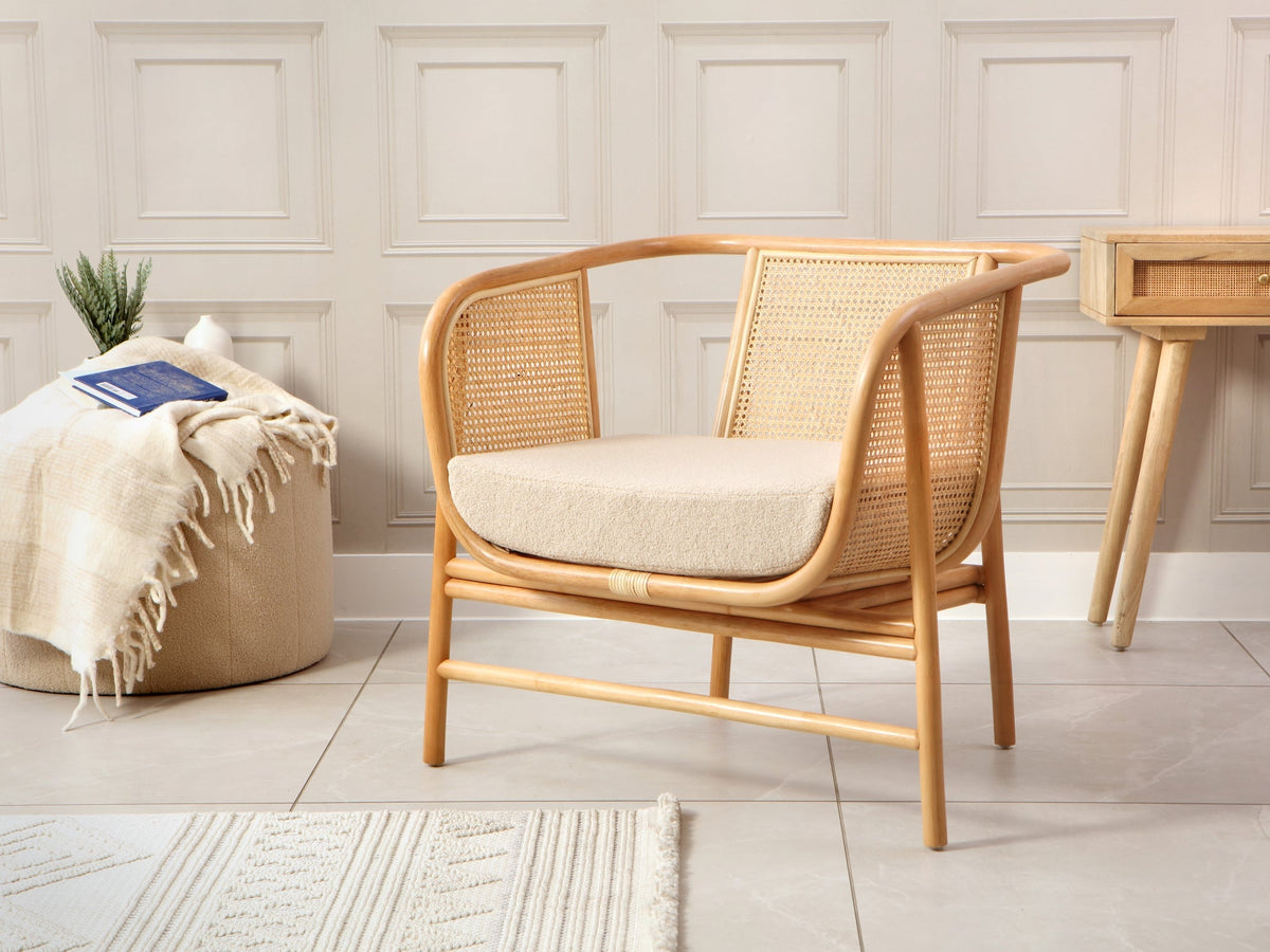 Wicker Chairs with Bouclé Cushions