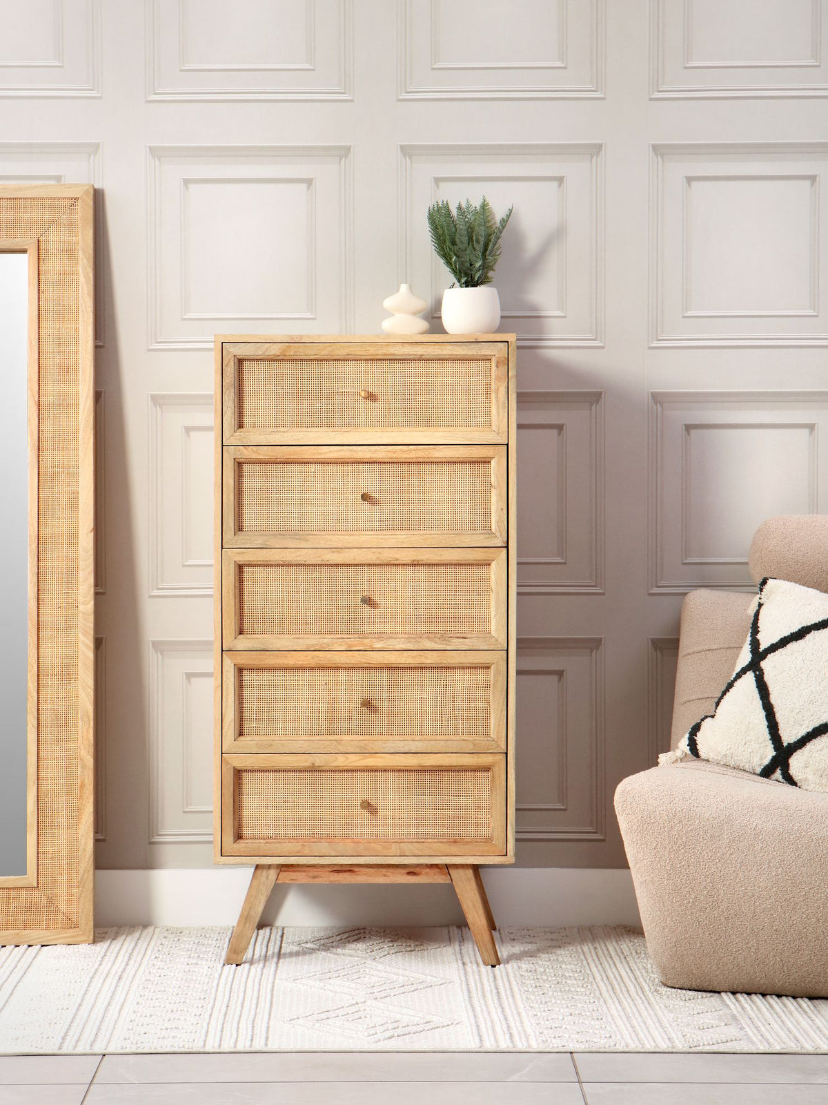 Venice Tall 5 Drawer Unit Rattan & Mango Wood in Natural