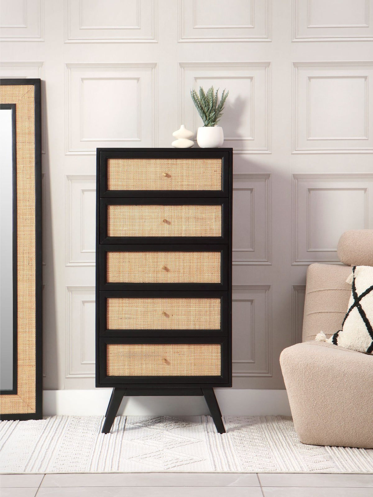 Venice Tall 5 Drawer Unit Rattan & Mango Wood in Black