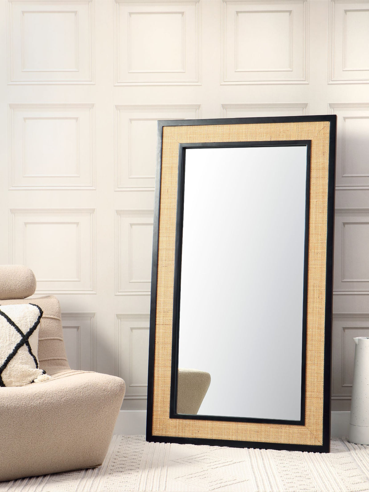 Venice Standing or Wall Mountable Full Length Rattan Mirror in Black