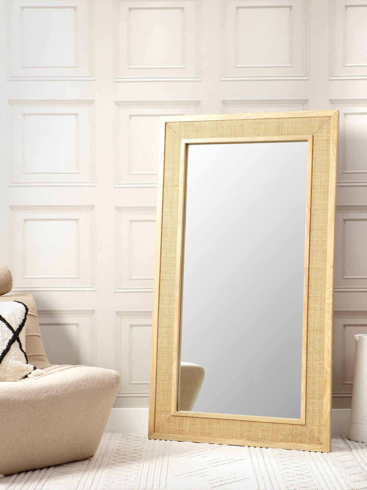 Venice Rectangular Standing or Wall Mountable Full Length Rattan Mirror in Natural