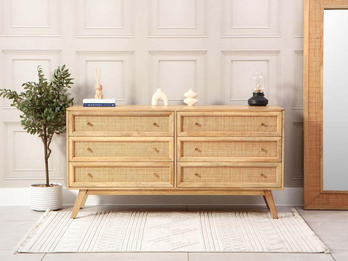 Venice Wide 6 Drawer Chest Unit Rattan & Mango Wood in Natural