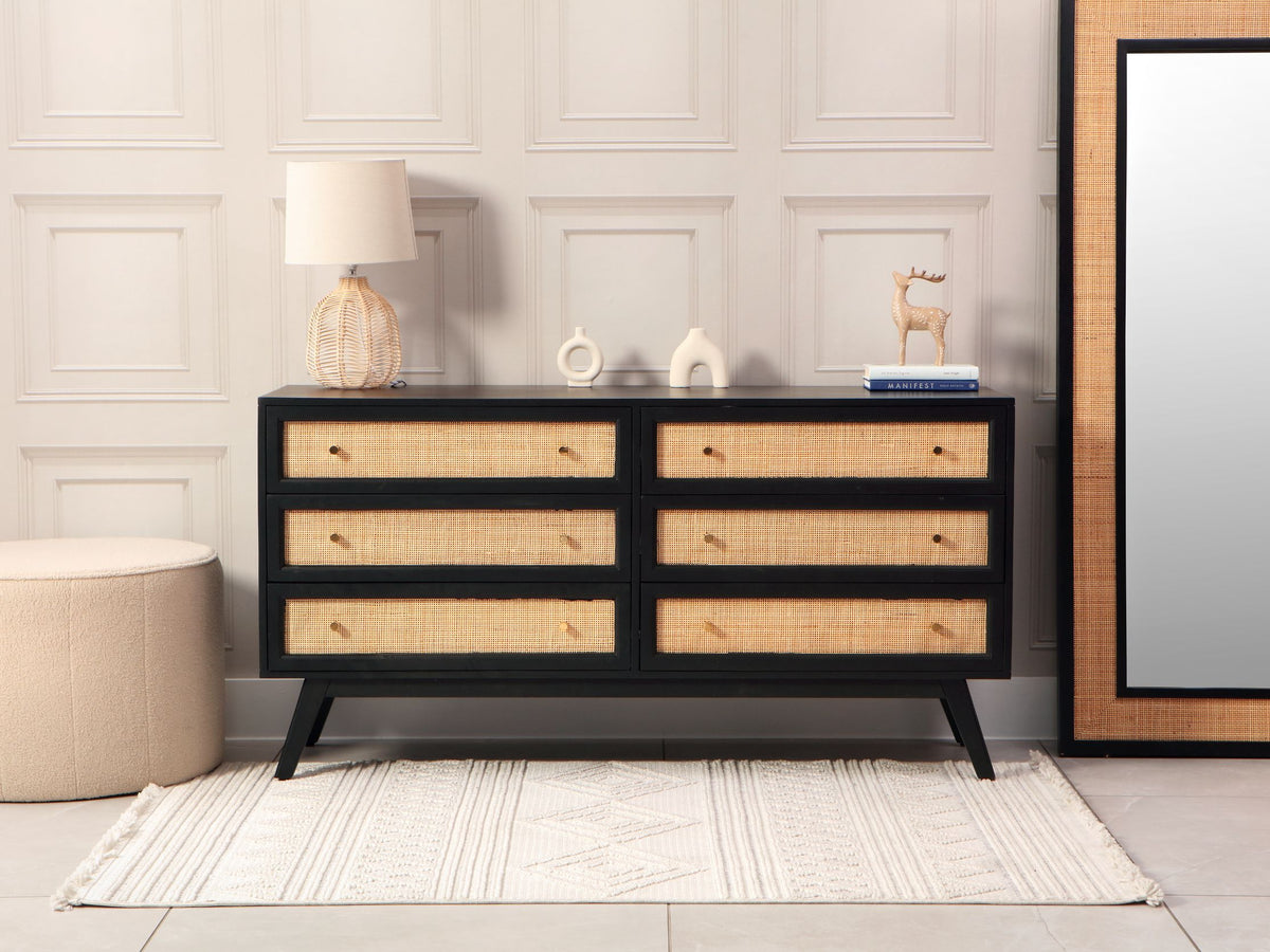 Venice Wide 6 Drawer Chest Unit Rattan & Mango Wood in Black