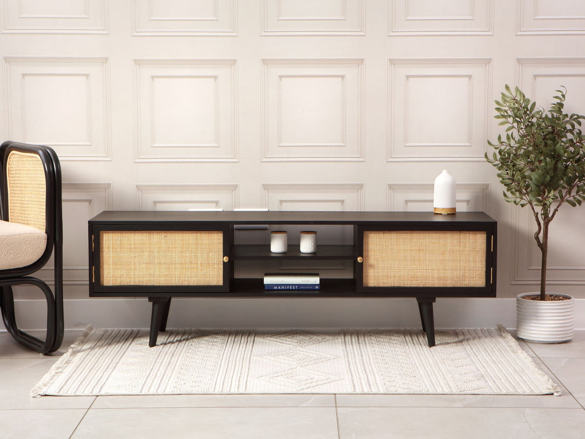 Manhattan Wide Rattan & Wood TV Stand with Storage in Black