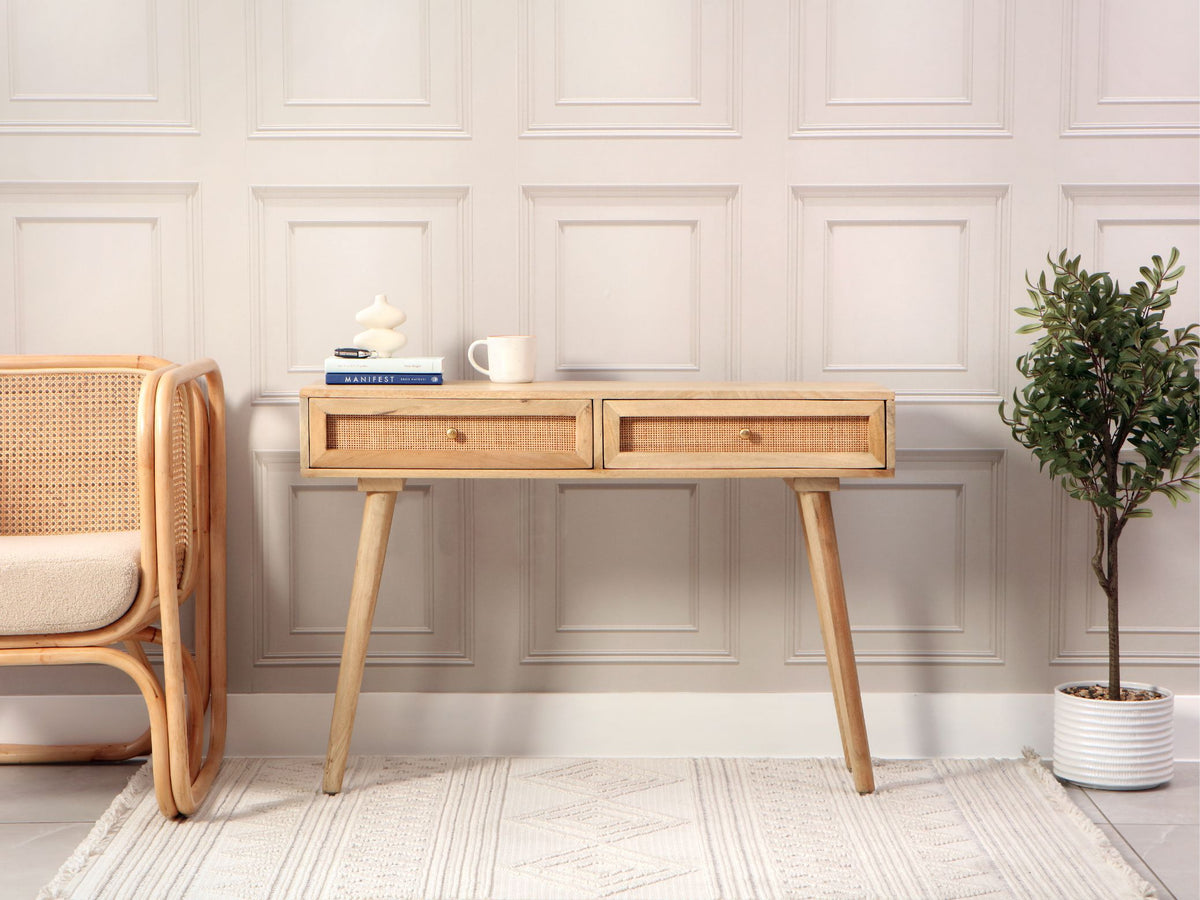 Manhattan 2 Drawer Cane & Wood Console Table in Natural