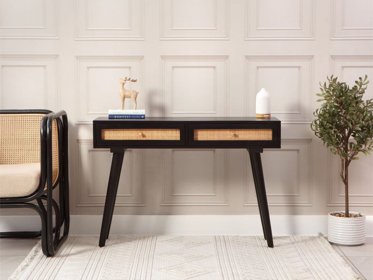 Manhattan 2 Drawer Cane & Wood Console Table in Black