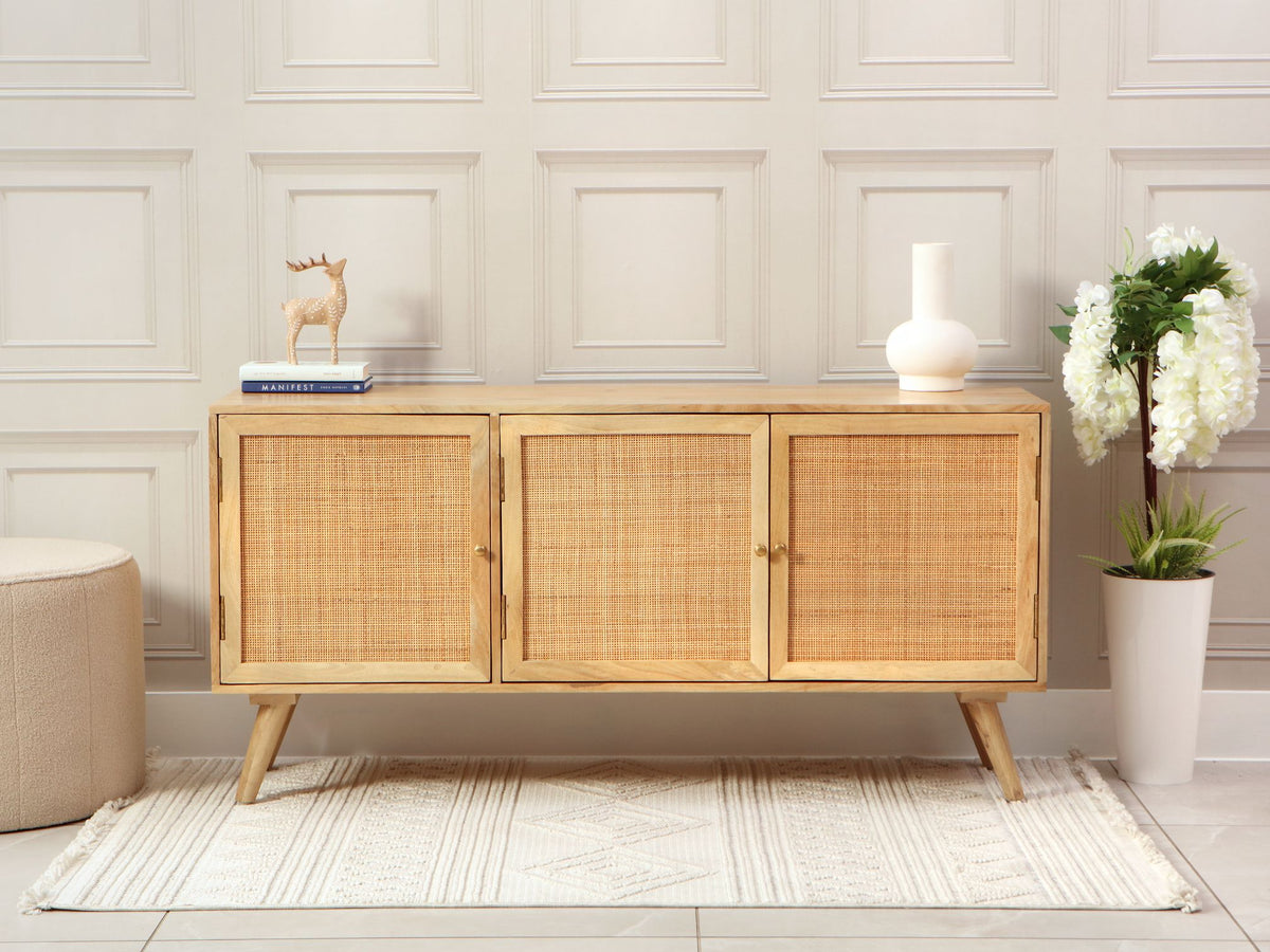 Manhattan Large 3 Door Sideboard Rattan & Wood Cabinet in Natural