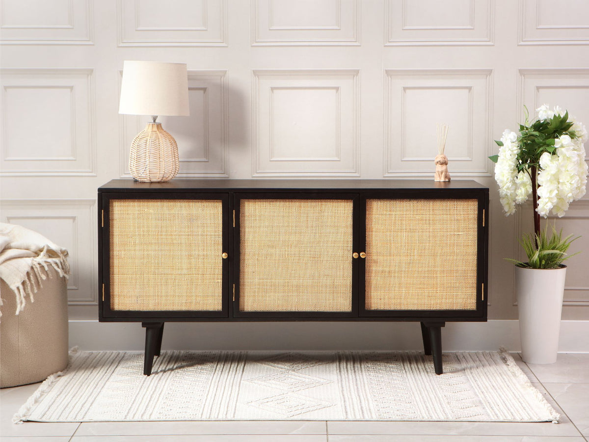 Manhattan Large 3 Door Sideboard Rattan & Wood Cabinet in Black