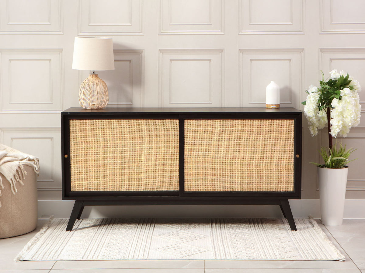 Manhattan Sliding 2 Door Sideboard Rattan Cabinet in Black