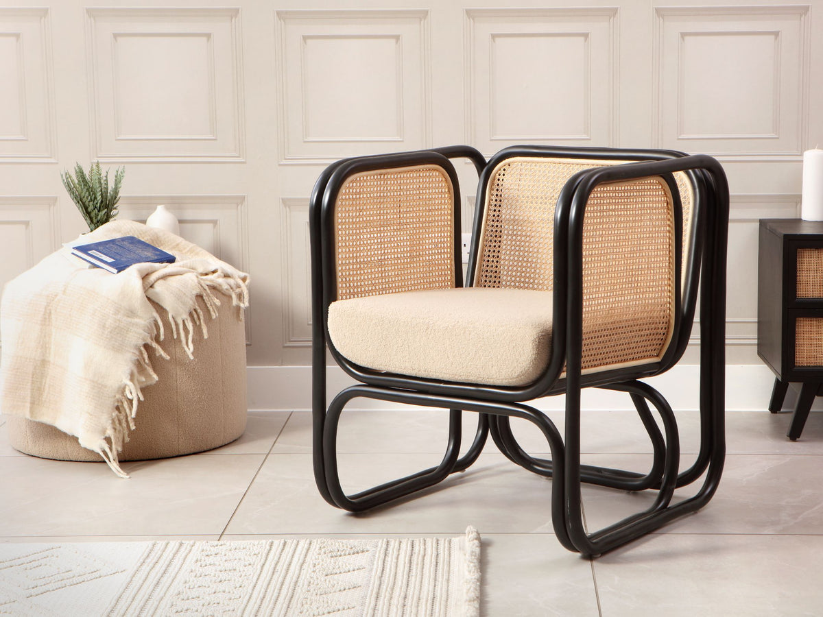 Black Indoor Rattan Chair with Boucle Cushion