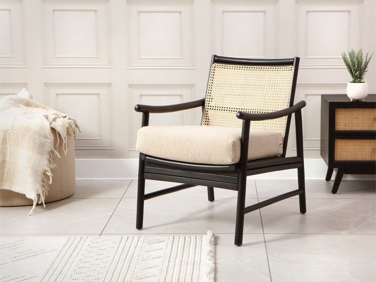 Borneo Black Rattan Chair with Boucle Cushion