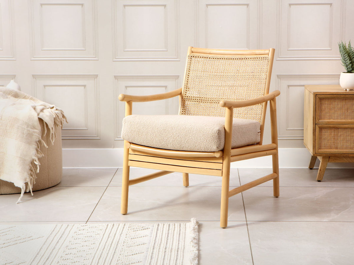 Borneo Natural Rattan Chair with Boucle Cushion