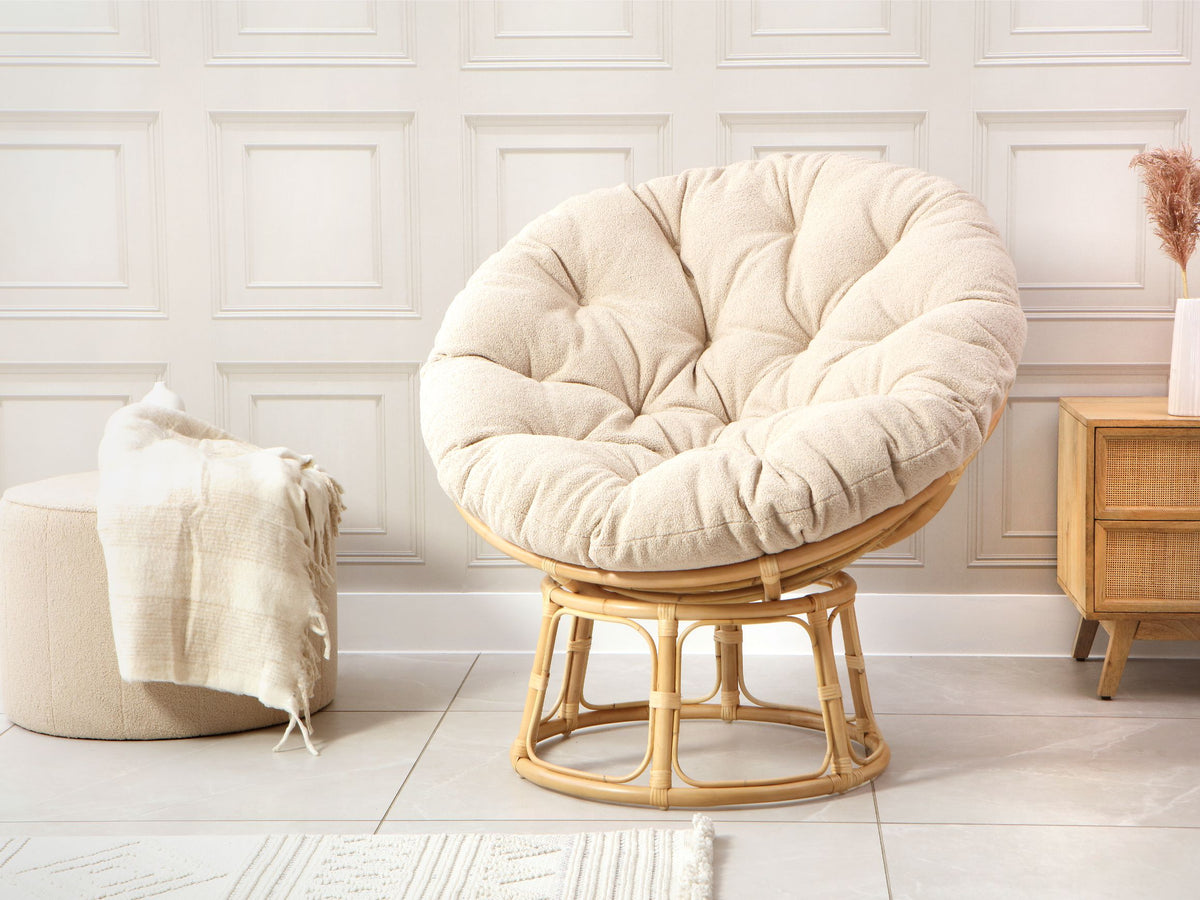 Natural Rattan Papasan Chair with Cream Boucle