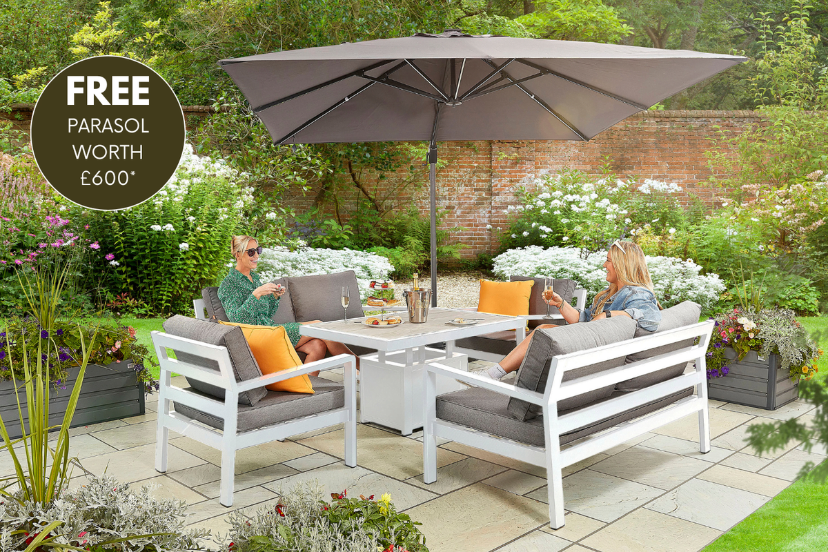 tutbury grey firepit table with outdoor fabric corner sofa and 2 large benches uk made free cantilever parasol included