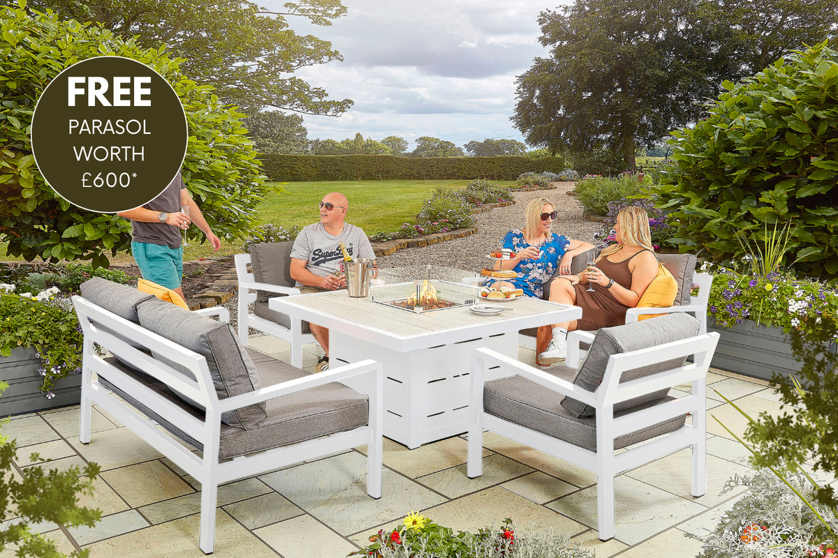 tutbury grey firepit table with outdoor fabric corner sofa and 2 large benches uk made free cantilever parasol included