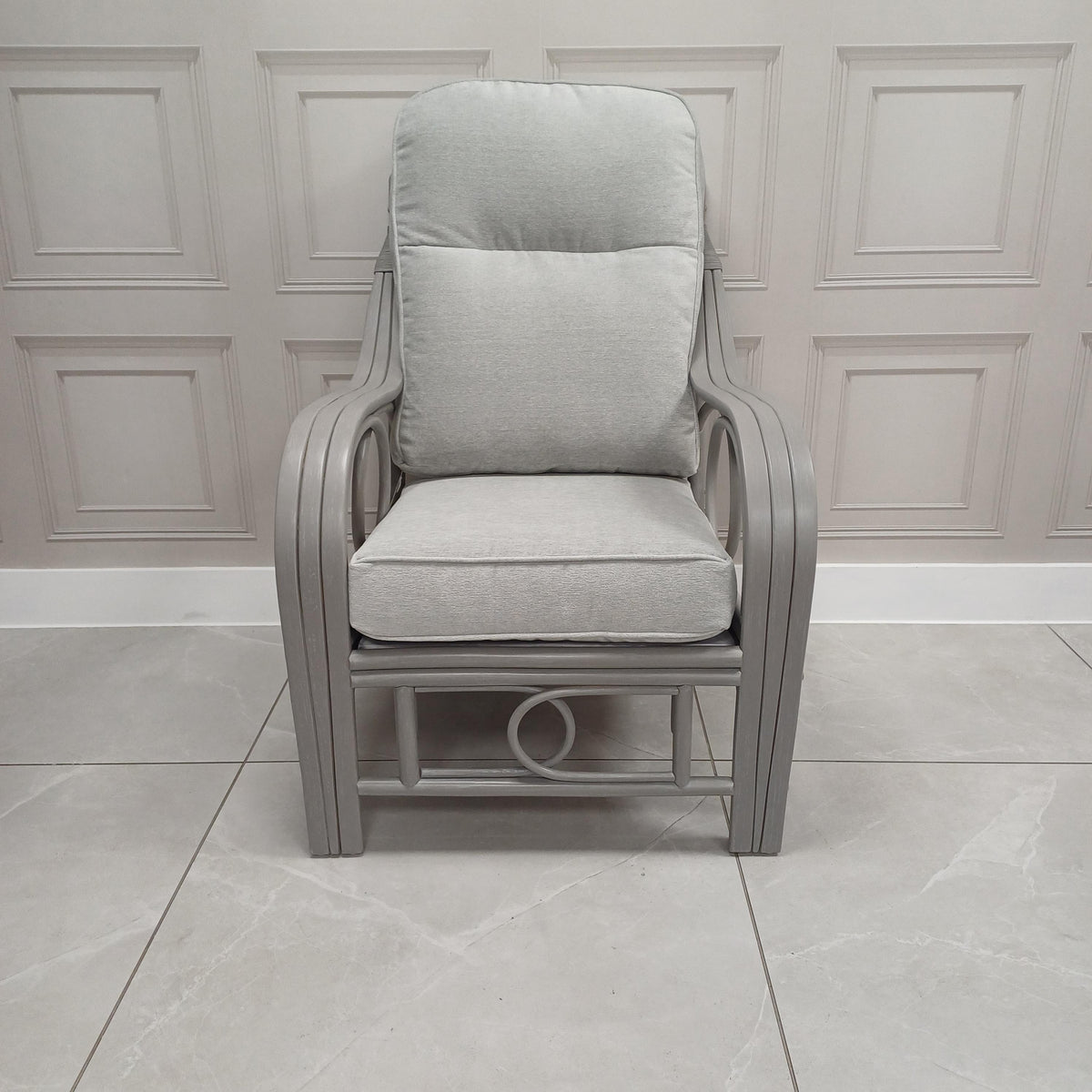 Madrid Grey Wash Cane Armchair Aquaclean Duke Grey Plain- Clearance