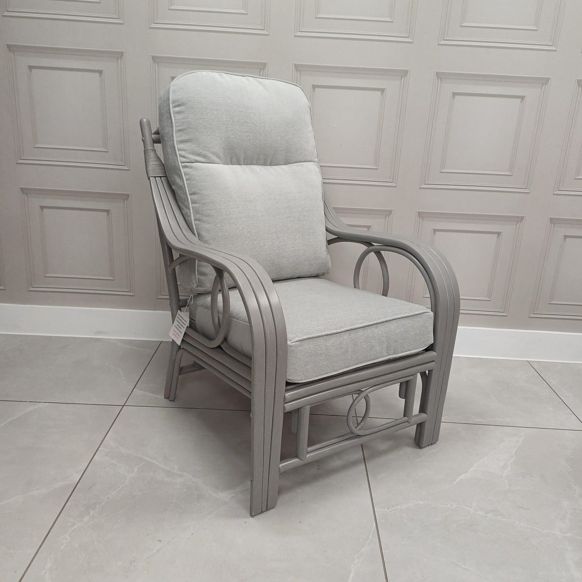 Madrid Grey Wash Cane Armchair Aquaclean Duke Grey Plain- Clearance