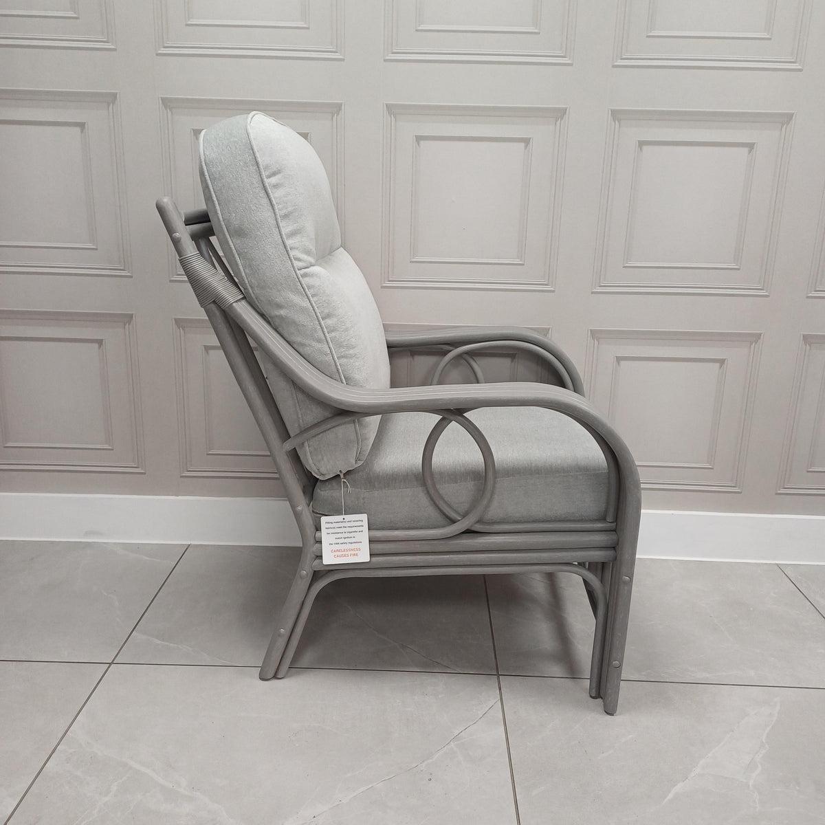 Madrid Grey Wash Cane Armchair Aquaclean Duke Grey Plain- Clearance