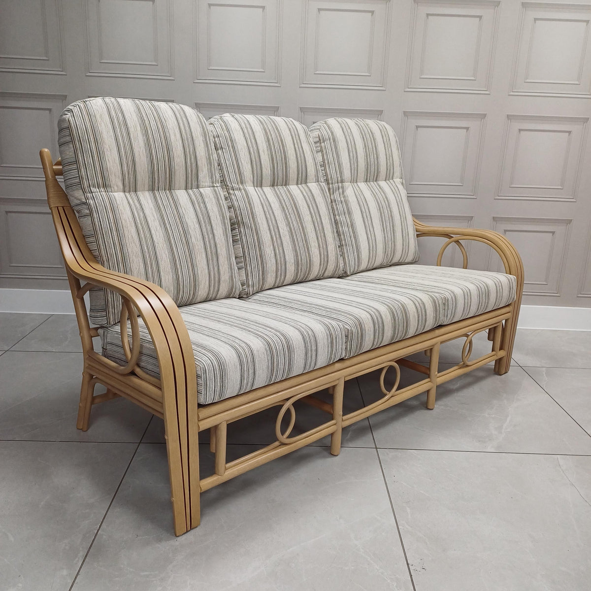 Madrid Light Oak Cane 3-seater Loom Stripe - Clearance