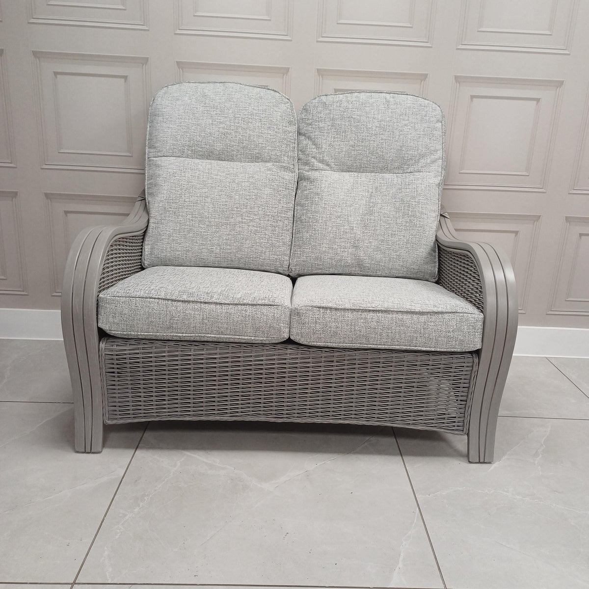 Turin Grey Wash Cane 2-Seat Sofa Aquaclean Monarch Grey- Clearance