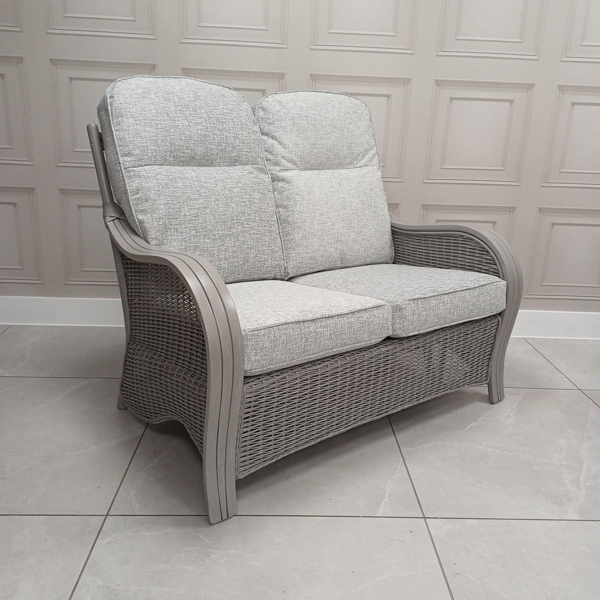 Turin Grey Wash Cane 2-Seat Sofa Aquaclean Monarch Grey- Clearance