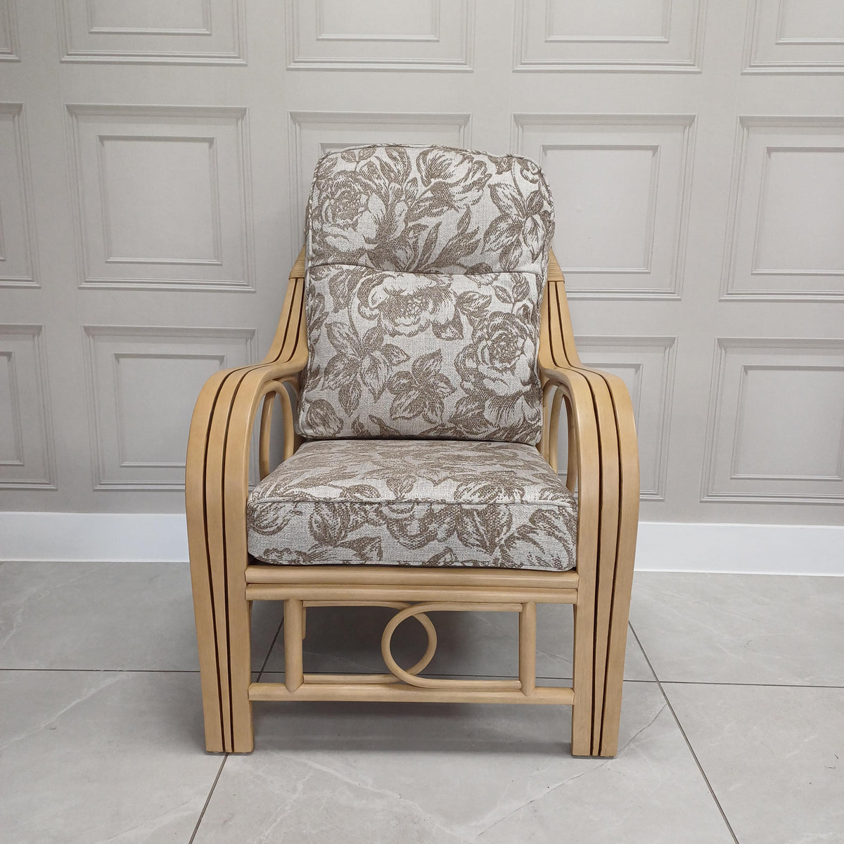 Madrid Light Oak Cane Armchair Aquaclean Floral Beige - Clearance