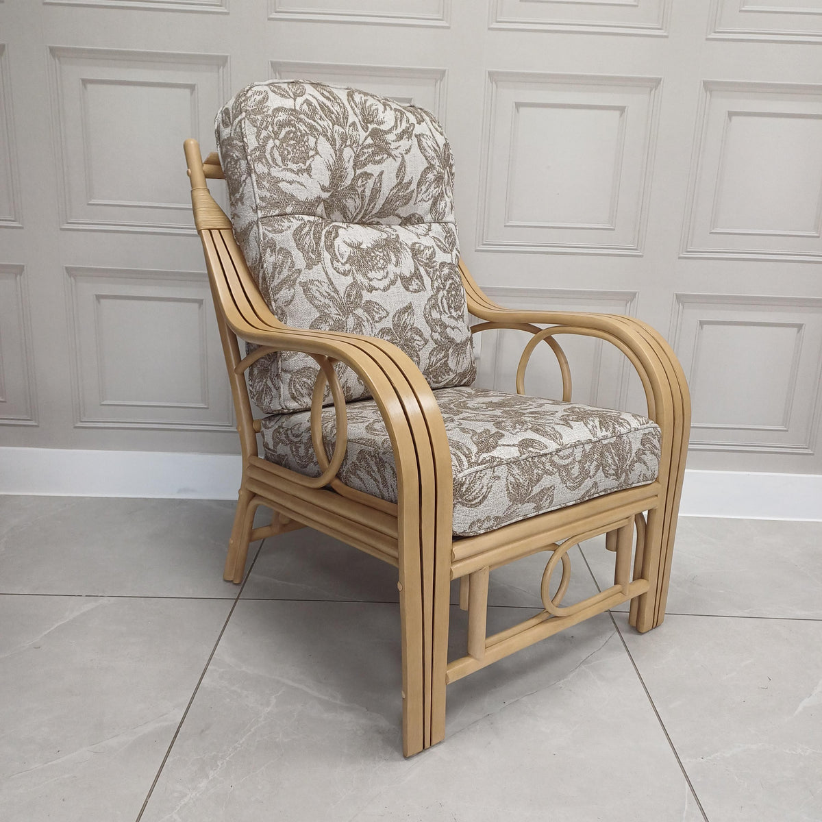 Madrid Light Oak Cane Armchair Aquaclean Floral Beige - Clearance