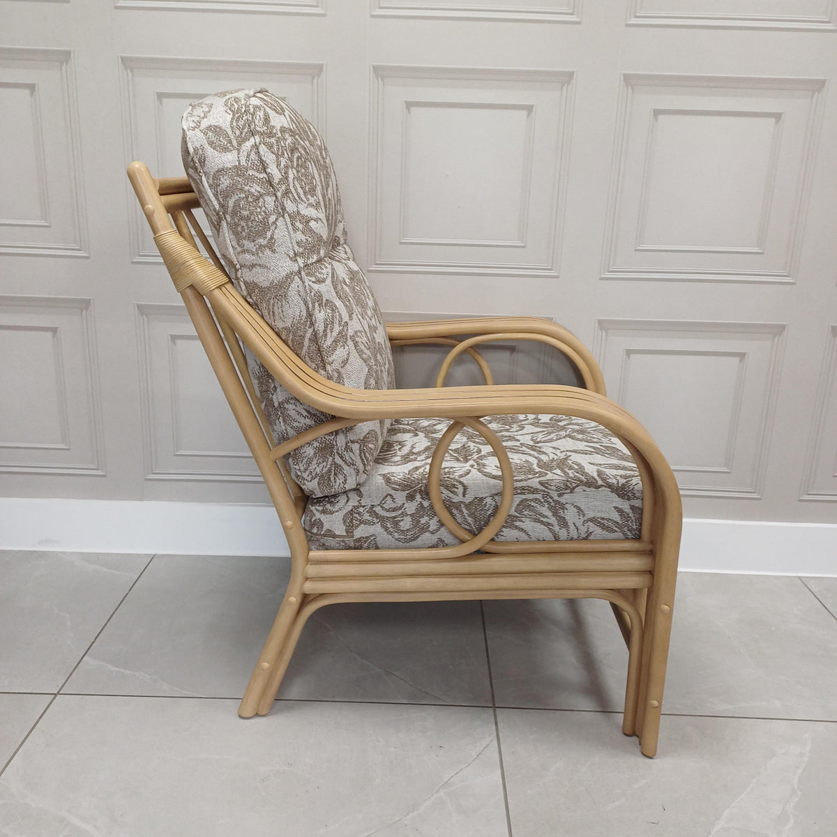 Madrid Light Oak Cane Armchair Aquaclean Floral Beige - Clearance