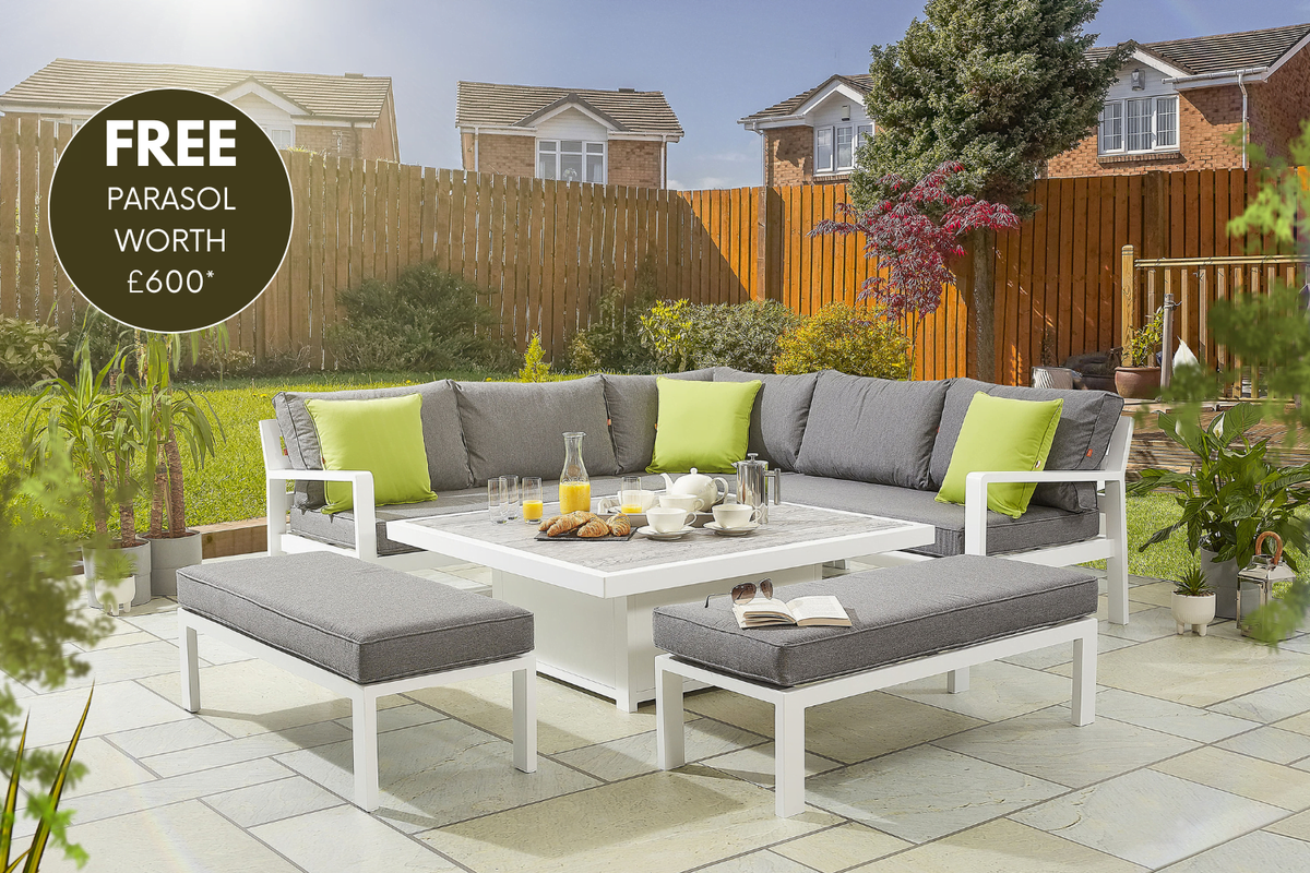 tutbury grey firepit table with outdoor fabric corner sofa and 2 large benches uk made free cantilever parasol included