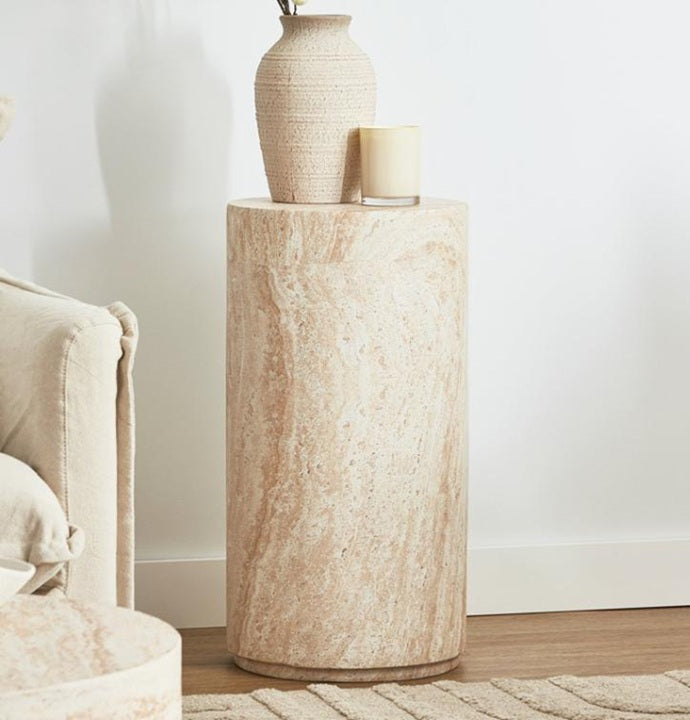 Pisa Pillar Travertine Look Side Table - Indoor & Outdoor Table