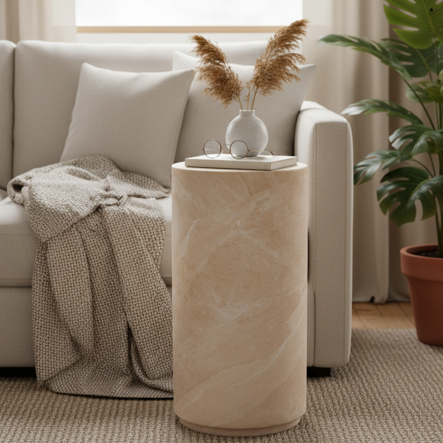 Verona Pillar Marble Look Side Table - Indoor & Outdoor Table